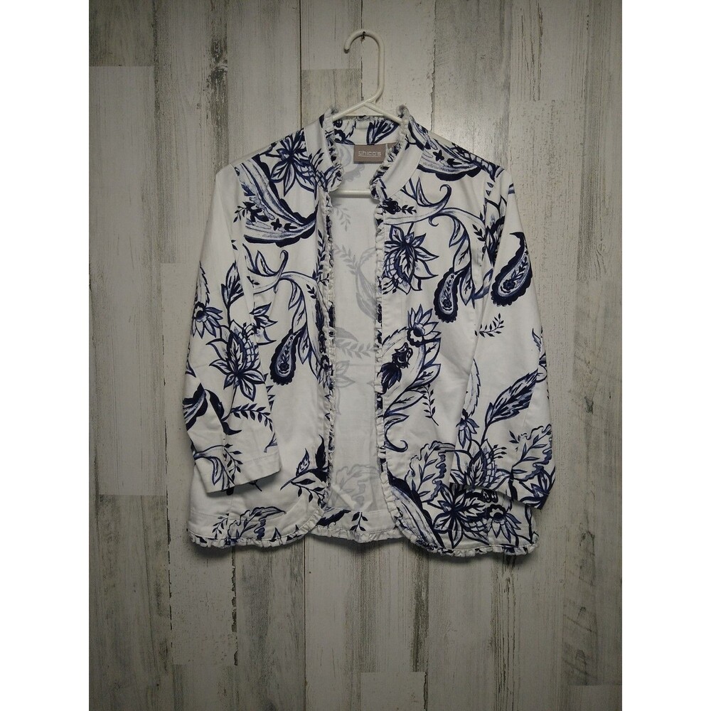 Chico's Women’s Size 0 White Blue Floral Open Front Blazer